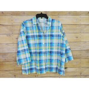 Alfred Dunner Shirt Petite 12P Blue White Plaid 3/4 Long Sleeve Button Down